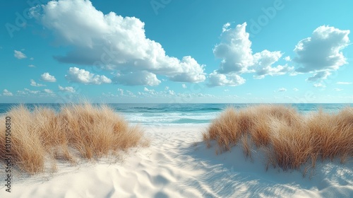 A coastal dune with sparse grasses under a pale blue sky.