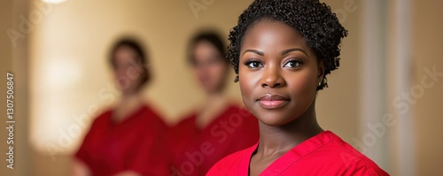 healthcare industry nurse policy concept. Healthcare professionals in red scrubs with a focused expression.
