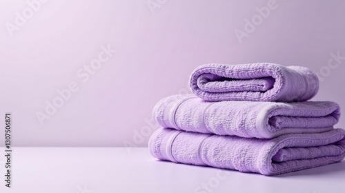A stack of neatly folded lavender-colored bath towels on a pale purple surface against a matching backdrop