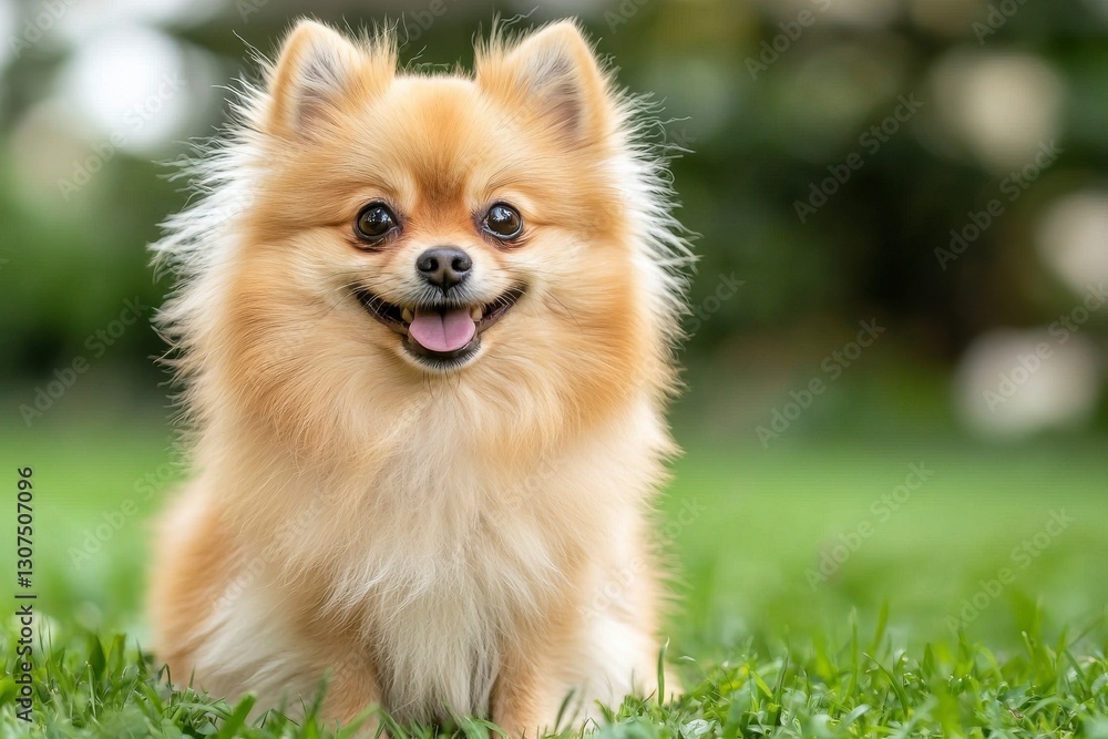 Fluffy Golden Pomeranian Dog Smiling in Vibrant Green Grass Fluffy Golden Pomeranian Dog Smiling in Vibrant Green Grass