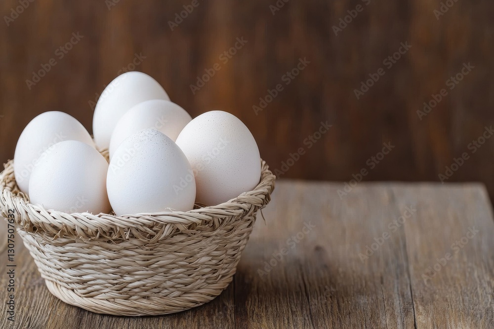 Handcrafted Woven Straw Basket with White Eggs on Wooden Table Handcrafted Woven Straw Basket with White Eggs on Wooden Table