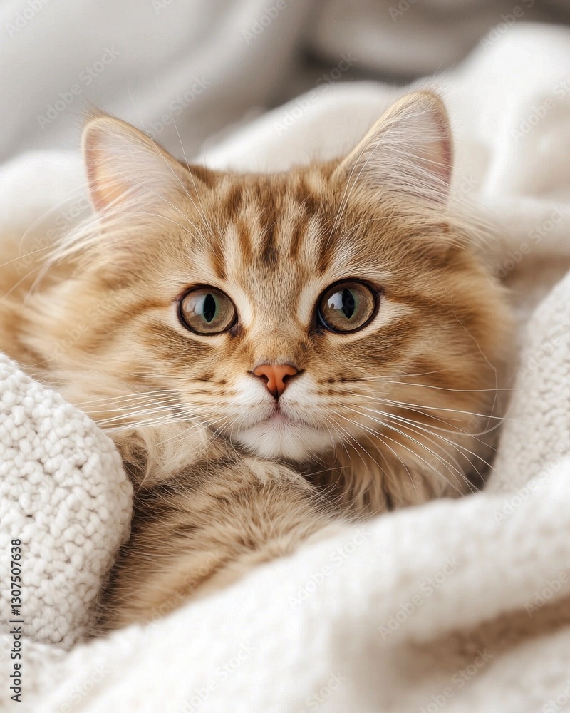 Fluffy Cat with Big Cartoonish Eyes Resting Comfortably on Blanket Fluffy Cat with Big Cartoonish Eyes Resting Comfortably on Blanket