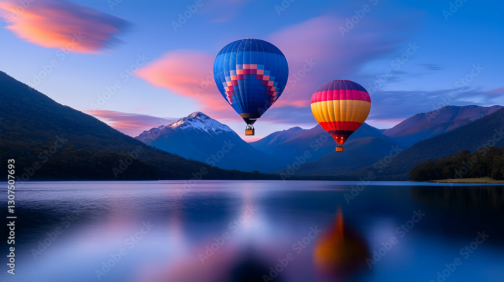 Obraz premium Two Hot Air Balloons Floating Above a Pristine Lake at Sunrise