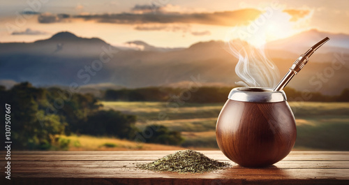 Mate campestre con fondo natural de montañas y caballos