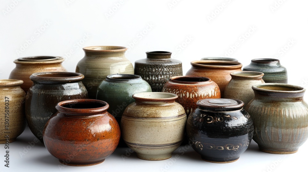 Assorted ceramic vases and bowls displayed against white background Assorted ceramic vases and bowls displayed against white background