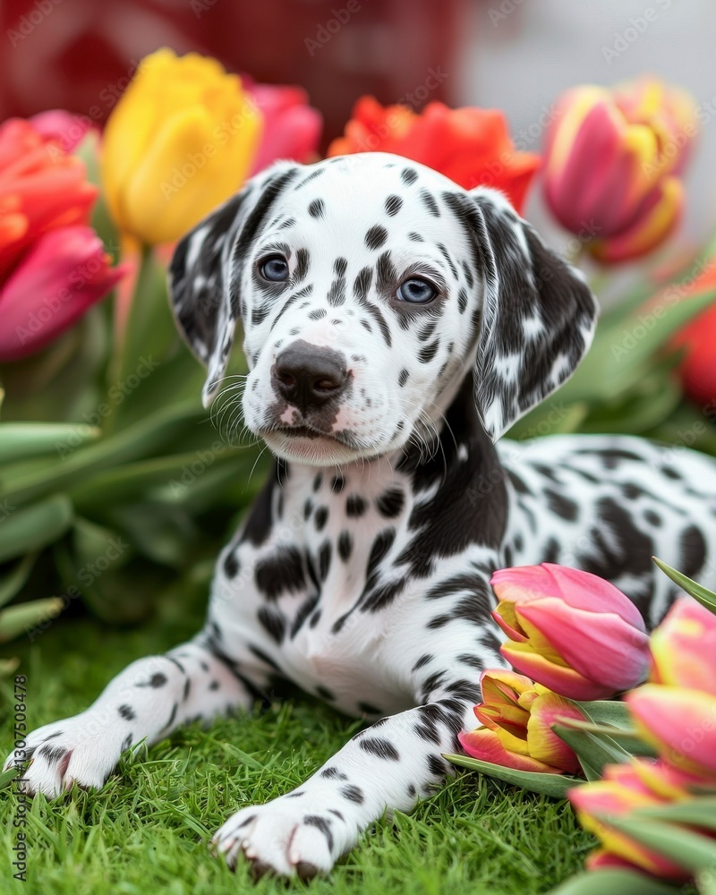 Adorable Dalmatian Puppy Relaxing on Soft Green Grass with Flowers Adorable Dalmatian Puppy Relaxing on Soft Green Grass with Flowers