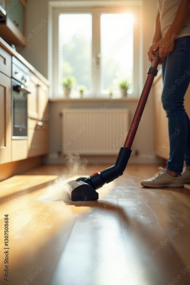 Fototapeta premium Maintaining a Spotless Hardwood Floor A Person Cleans Dust Using a Vacuum Cleaner in a Sunlit Kitchen
