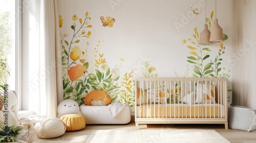 Obraz na płótnie Colorful nursery with floral wall decals, crib, and beanbag chairs w salonie