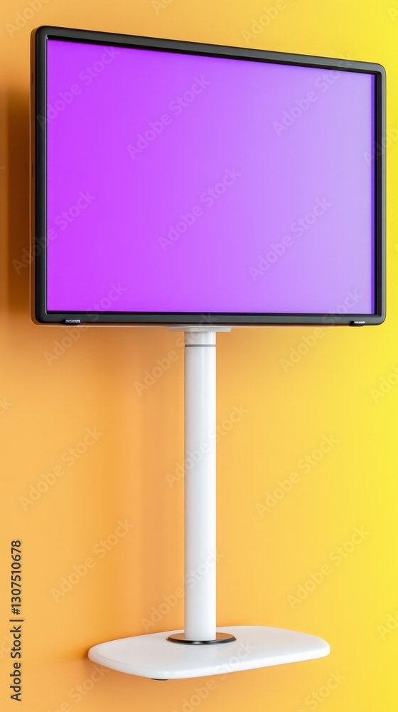 Purple screen flat screen monitor on a white stand against a yellow wall. Modern and minimalist design. Purple screen flat screen monitor on a white stand against a yellow wall. Modern and minimalist design.