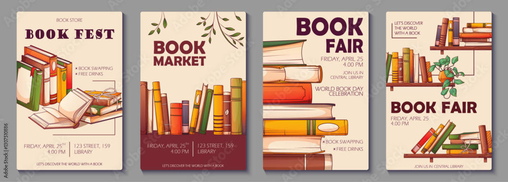 Collection of templates for poster design for book festival. Vector illustration of stack of books, open book, bookshelves, standing books. Book lover, bookstore, library, reading concept. Collection of templates for poster design for book festival. Vector illustration of stack of books, open book, bookshelves, standing books. Book lover, bookstore, library, reading concept.