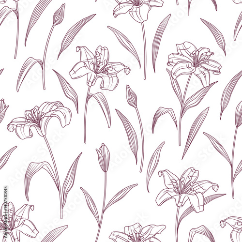 Floral vector seamless pattern with illustration of lily flowers, leaves in sketch style isolated on white. Background for fabric design, textile, wrapping paper. Flower shop concept.