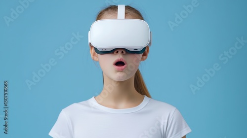 Astonished Girl in White T Shirt Using White VR Headset Against Light Blue Background