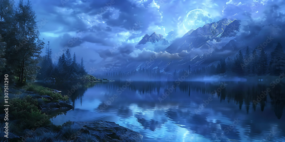 Naklejka premium Tranquil Night Lake Reflecting Mountains and a Blue Moon Under Starry Skies 