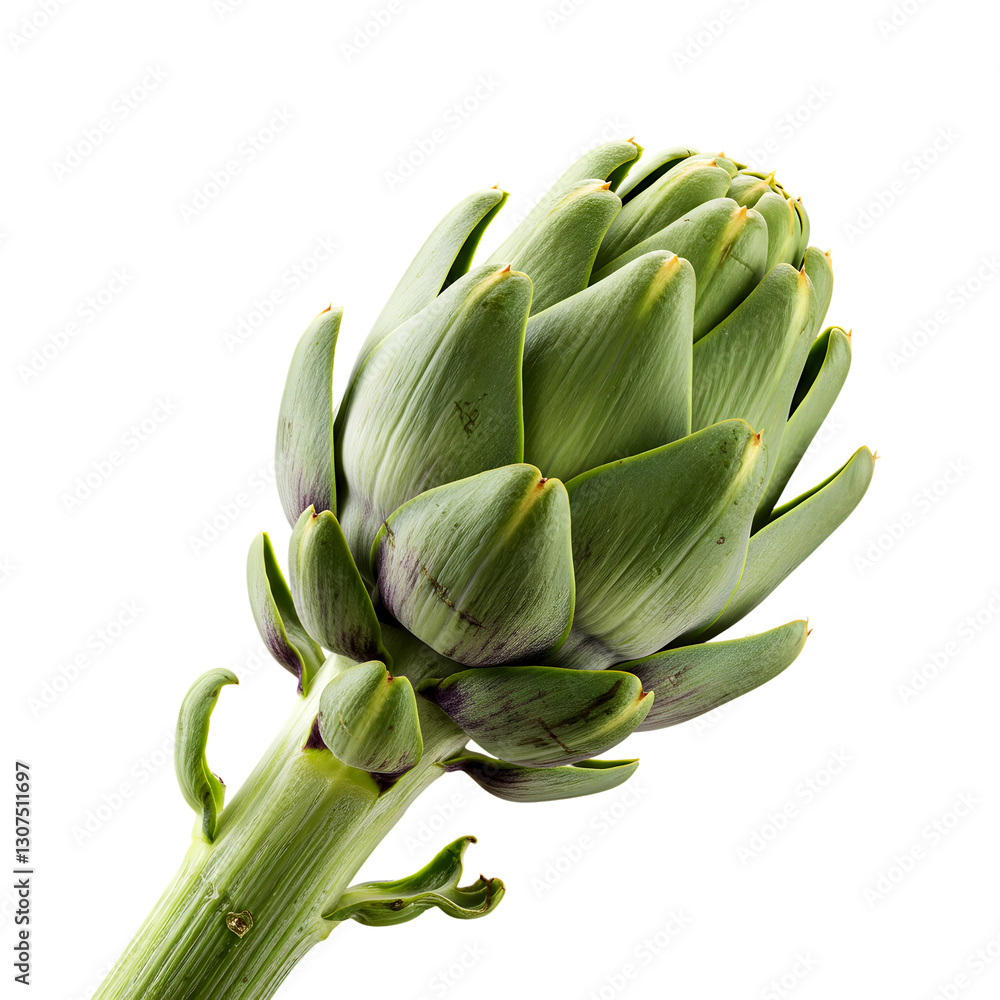 Fototapeta premium Fresh Green Artichoke with Stem On Transparent Background 