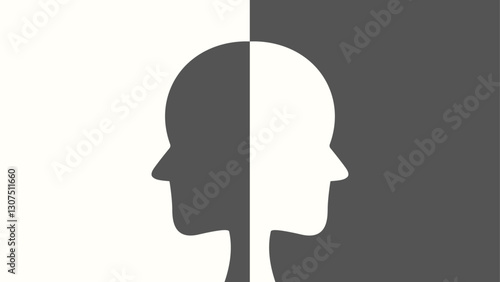 Abstract illustration of a human head silhouette split into two opposite faces in black and white. Symbolizing yin and yang, duality, balance, and perception