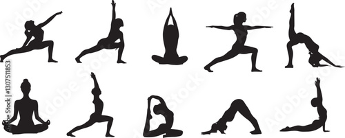 Silhouettes of women performing various yoga poses and meditation positions, vector illustrations for wellness, fitness, exercise, and calm