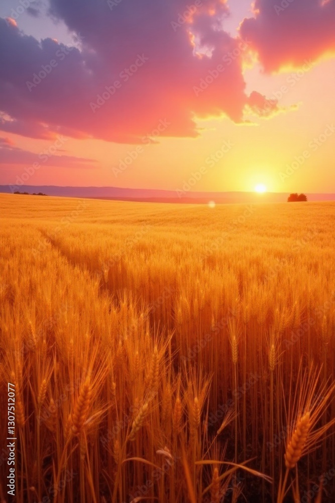 Obraz premium Golden Wheat Field Bathed in the Warm Glow of a Vibrant Sunset