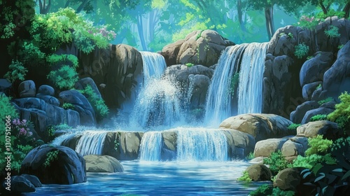 Serene waterfall cascading over rocks in lush green forest.