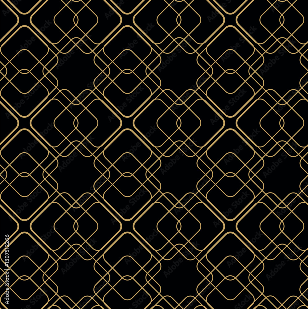 Fototapeta premium Abstract geometric pattern with square, lines and stripes on black background. A seamless vector background. Graphic modern pattern. Black and gold pattern.