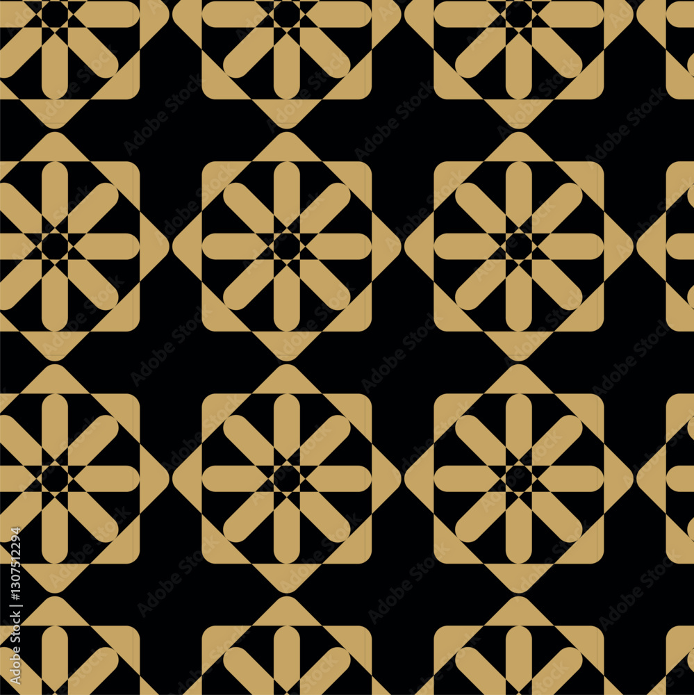 Fototapeta premium Abstract geometric pattern with square, lines and stripes on black background. A seamless vector background. Graphic modern pattern. Black and gold pattern.