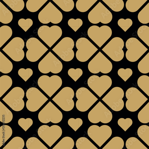 Abstract geometric pattern with hearts on black background. A seamless vector background. Graphic modern pattern. Black and gold pattern.