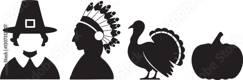 Thanksgiving vector silhouettes of Pilgrim, Native American, turkey, and pumpkin in black and white holiday icon collection set

