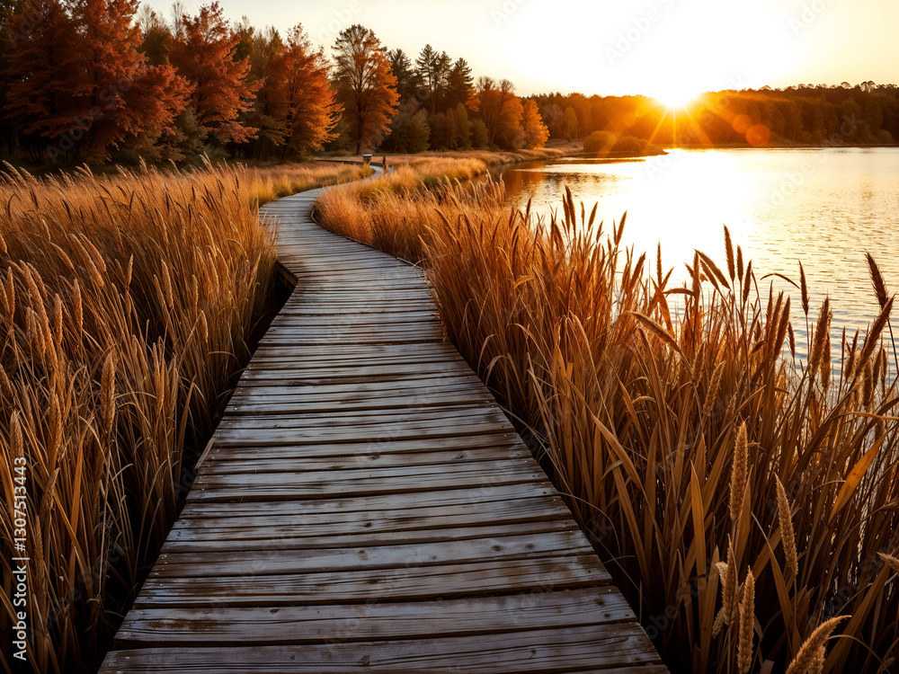 Naklejka premium Scenic Boardwalk Through Autumn Marshland at Sunset, boardwalk at coastal marsh sunset tranquility, ease of access and strong bond between visitors and surrounding environment, Golden Hour Nature Path