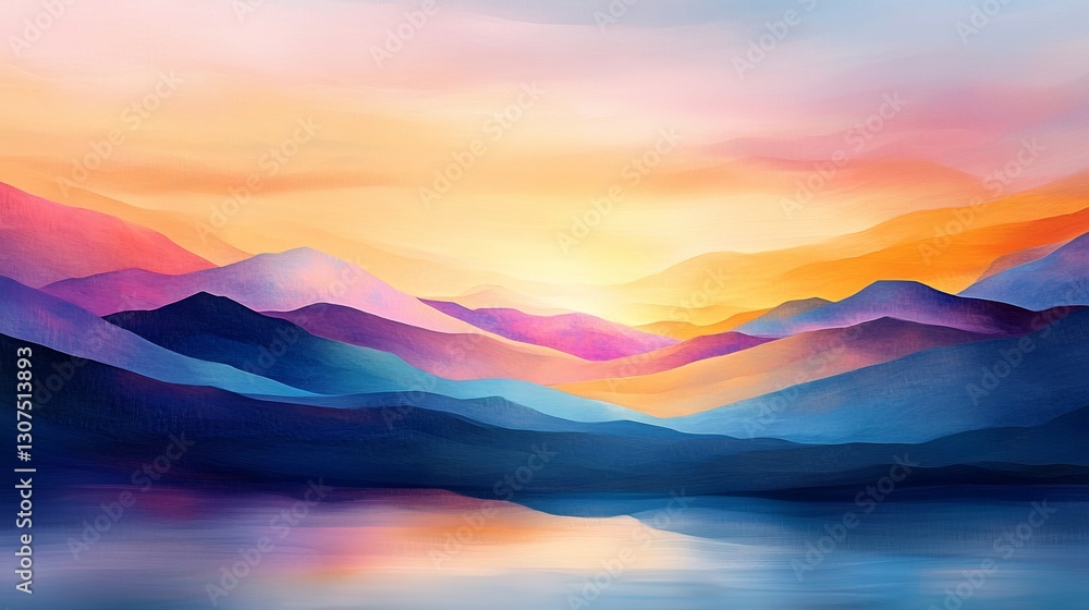 Serene sunset over colorful mountain range reflecting on calm lake Serene sunset over colorful mountain range reflecting on calm lake