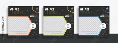 We are hiring job vacancy social media post banner design template with green and black color. We are hiring job vacancy square web banner design.