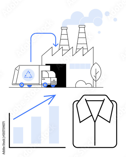 Recycling truck enters factory for processing, with graphs showing upward trends and clothing icon representing sustainable fashion. Ideal for recycling, sustainability, supply chain, environment