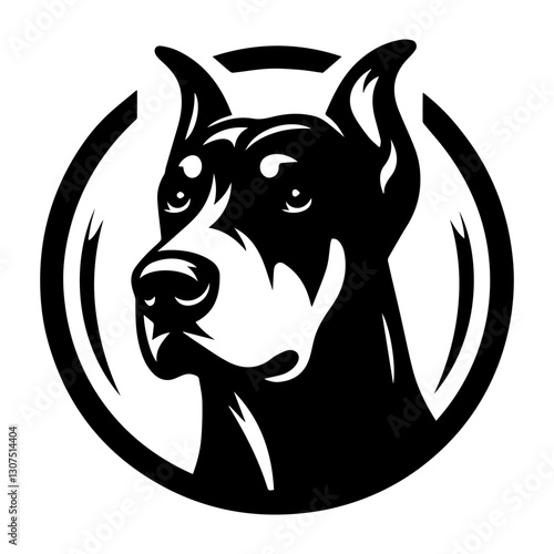 Doberman's head is a black and white simple logo. EPS vector graphics.