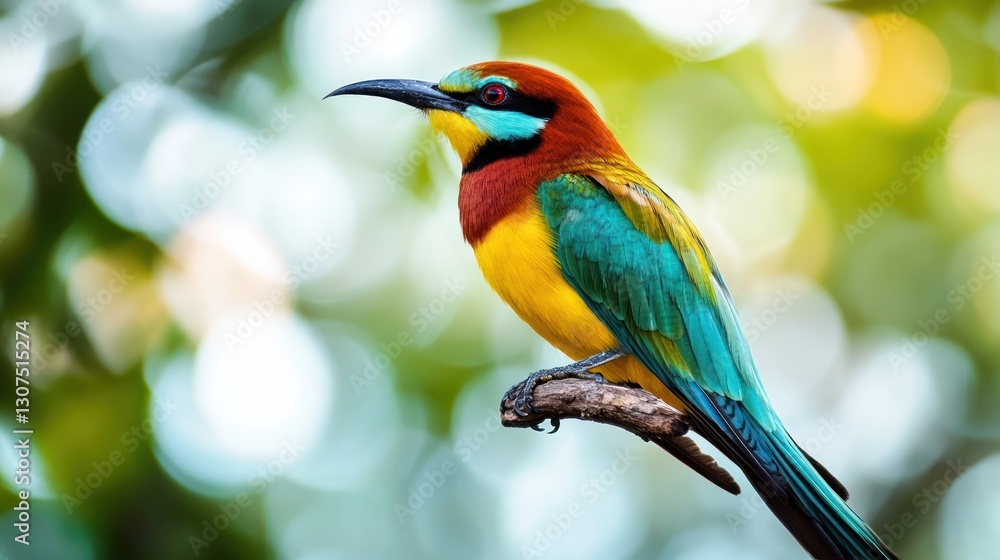 Fototapeta premium Colorful Bird Perched on Branch, Sunny Bokeh Background. Nature Scene, Vivid Colors
