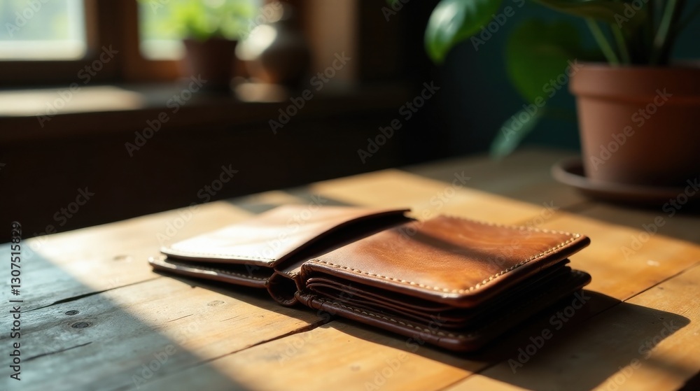Fototapeta premium A handcrafted leather wallet rests on a sun-drenched wooden surface, showcasing its fine stitching and rich, warm hue.