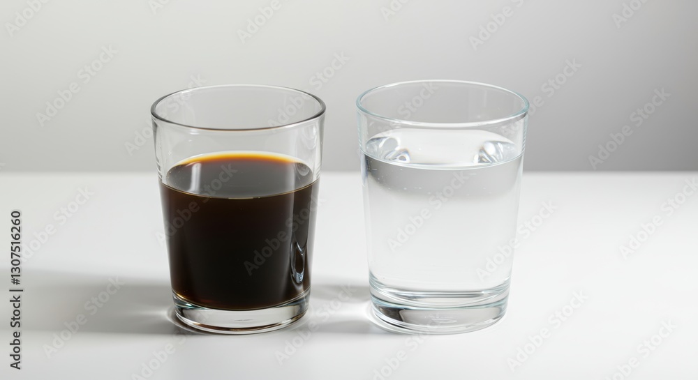 A bright, minimalistic workspace with two glasses side by side - one filled with black coffee, the other with fresh water A bright, minimalistic workspace with two glasses side by side - one filled with black coffee, the other with fresh water