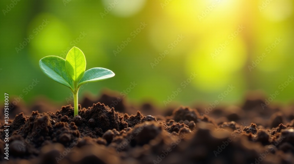 Fototapeta premium A Tiny Sprout Emerging from Rich Earth, Bathed in the Warm Glow of Dawn's Golden Light, Symbolizing New Life, Growth, and the Promise of a Bountiful Harvest