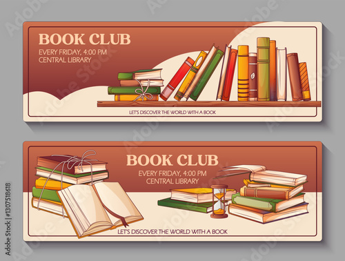 Vector horizontal banners with illustrations of books. Stack of books, open book, standing books. Background for banner, card, flyer, discount. Concept of book lover, bookstore, library, book club. 