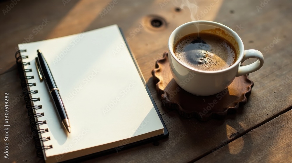 Aromatic Coffee Beside a Blank Notebook and Pen Ready for Ideas and Inspiration Aromatic Coffee Beside a Blank Notebook and Pen Ready for Ideas and Inspiration