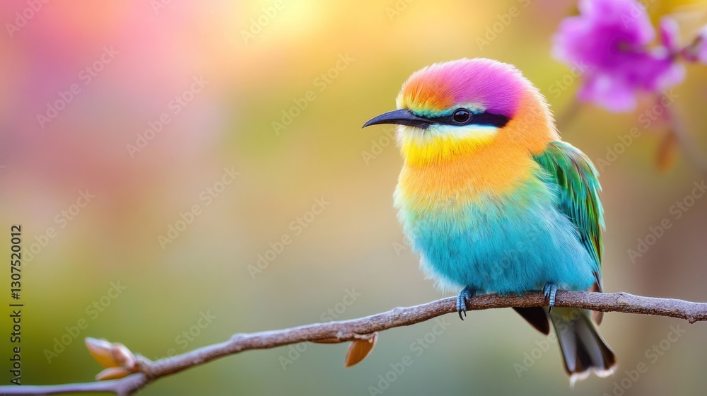 Obraz premium Colorful bird perched peacefully on a branch in a bright, soft-focused, floral spring background
