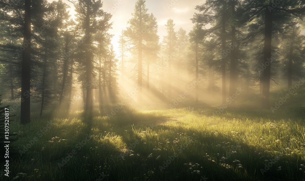 Obraz premium Sunbeams illuminating a misty forest clearing at sunrise.