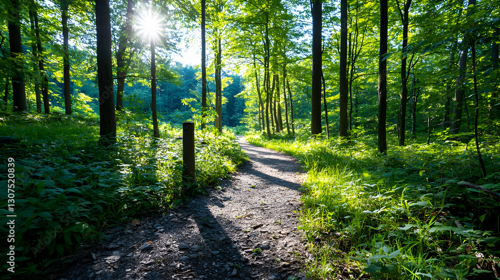 Obraz premium Sunlit Forest Path With Dappled Light And Lush Greenery