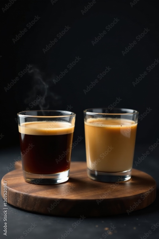 Two steaming cups of coffee, one dark and strong, the other light and creamy, rest on a rustic wooden board. Two steaming cups of coffee, one dark and strong, the other light and creamy, rest on a rustic wooden board.