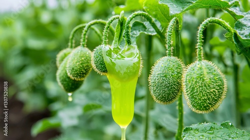 close-up of a poppy plant being harvested with focus on the latex sap oozing from the seed pods, used in morphine production. poppy harvesting, latex sap, seed pods, morphine production, medicinal  photo