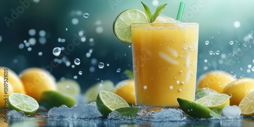 Refreshing citrus drink with ice garnished with lemon and lime on a colorful background at a summer gathering