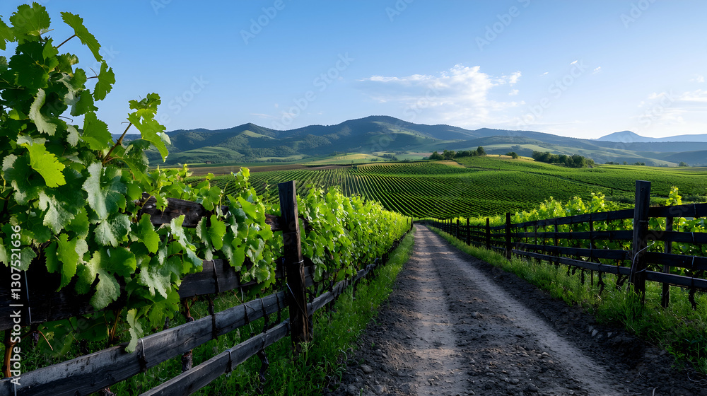 Obraz premium Sunlit Vineyard Path Among Lush Green Vines and Rolling Hills