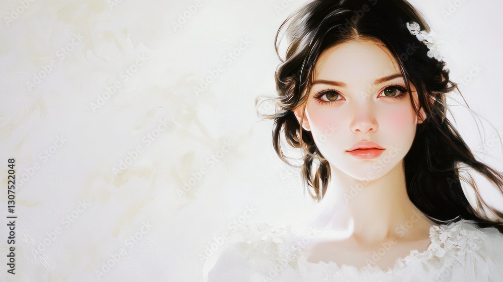 Elegant woman portrait, soft light, white backdrop, floral details Elegant woman portrait, soft light, white backdrop, floral details