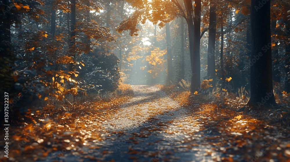 Sunlit autumn path through misty forest Sunlit autumn path through misty forest