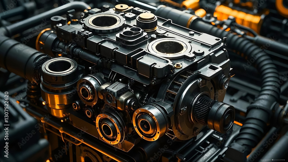 Fototapeta premium Powerful engine wallpaper background in HDR quality with detailed mechanical components. High tech, industrial design perfect for automotive, machinery, and engineering themes