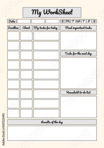 Organized daily worksheet template with task sections for deadlines, priorities, household to-dos, and results tracking.