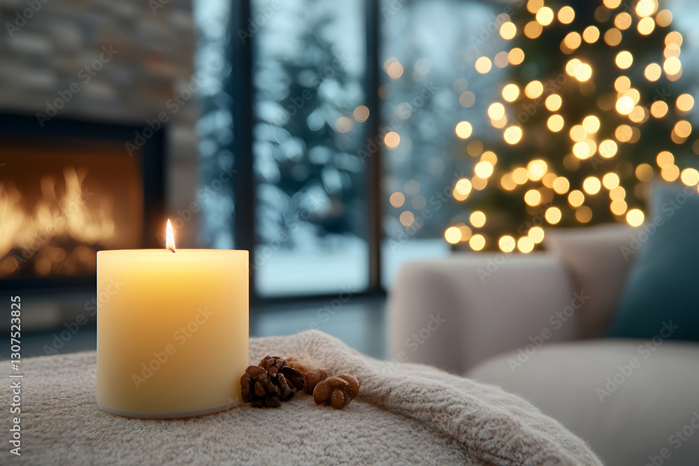 Cozy winter scene lit candle on a soft blanket near a fireplace and Christmas tree, ideal for holiday cards or winter-themed websites Cozy winter scene lit candle on a soft blanket near a fireplace and Christmas tree, ideal for holiday cards or winter-themed websites