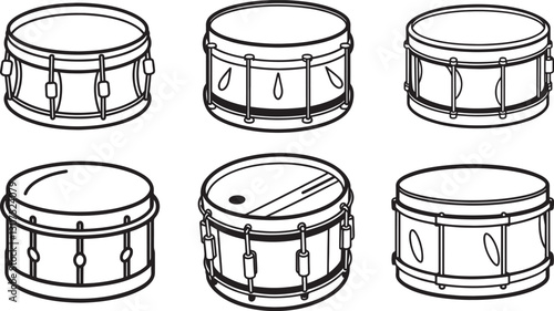 set of snare drum line art, black outline, vector and illustration, coloring book page line art drawing

